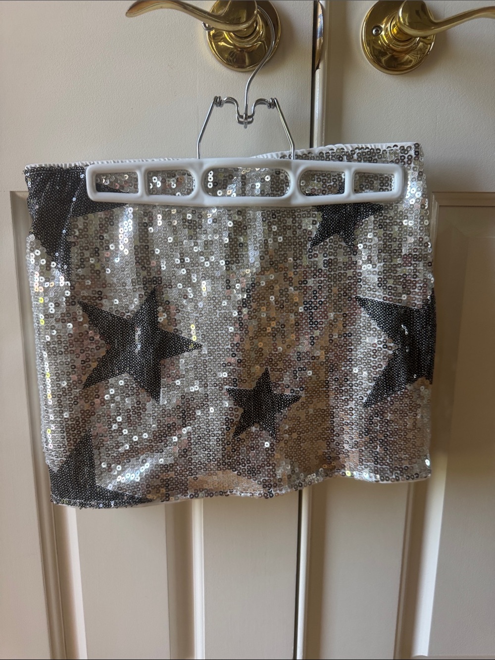 Silver Sequin Star Mini Skirt - Shiny Black Star Accent